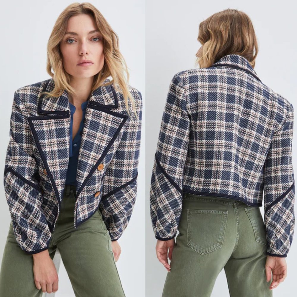 Veronica Beard Aise Cropped Jacket Textured Plaid Ink Multi Oversized Lapels